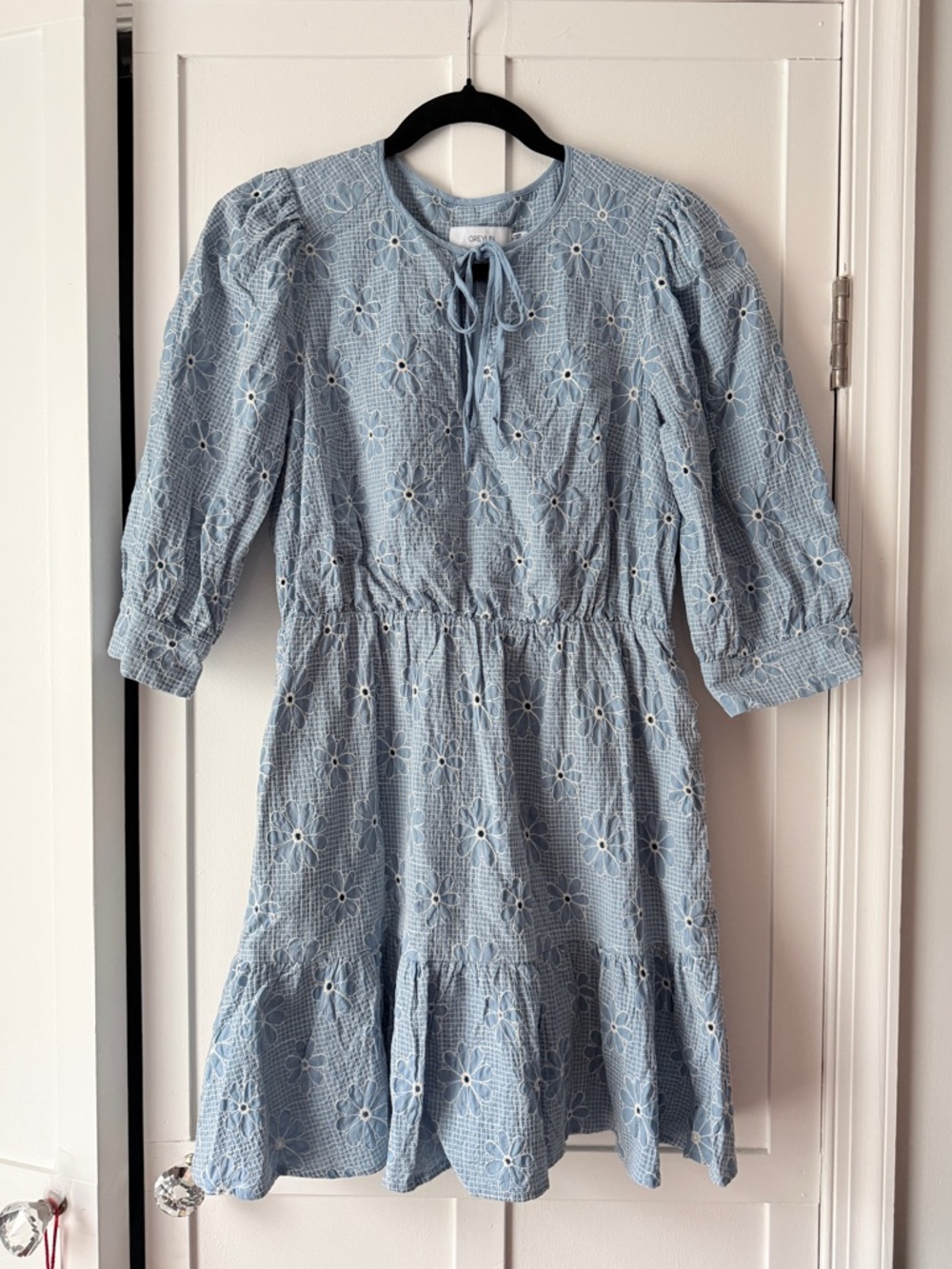 Greylin Light Blue Embroidered Eyelet Tie-Neck Tiered Mini Dress size S